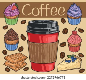 Menú de postres con lotipos coloridos con taza de café de papel y deliciosos muffins de fruta o gofres belgas con ilustración vectorial de cheesecake