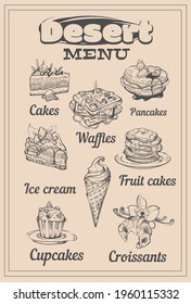Dessert menu with sweets , sketch vector illustration
