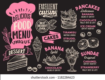 Dessert menu template for restaurant on a chalkboard background vector illustration brochure for gourmet food and drink cafe. Design layout with chefs hat lettering and doodle hand-drawn graphic.