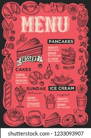 Dessert menu template for restaurant on a blackboard background vector illustration brochure for food and drink cafe. Design with vintage lettering and frame of hand-drawn graphic fruits and sweets.