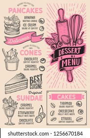 Dessert menu template for restaurant on a beige background vector illustration brochure for food and drink cafe. Design layout with vintage lettering and doodle hand-drawn graphic icons.