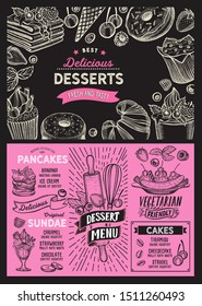 Dessert menu template for restaurant on background vector illustration brochure for food and drink cafe. Layout with vintage lettering and doodle hand-drawn graphic icons.