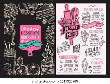 Dessert menu template for restaurant on background vector illustration brochure for food and drink cafe. Layout with vintage lettering and doodle hand-drawn graphic icons.
