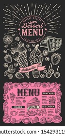 Dessert menu template for restaurant on background vector illustration brochure for food and drink cafe. Layout with vintage lettering and doodle hand-drawn graphic icons.