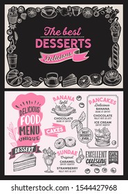 Dessert menu template for restaurant on background vector illustration brochure for food and drink cafe. Layout with vintage lettering and doodle hand-drawn graphic icons.