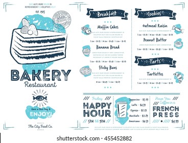 Dessert menu. Vector sketch cake, sweets assortment and price list bakery menu design. Restaurant or cafeteria hand drawn booklet. Vintage document brochure template with dessert and drink
