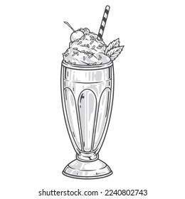 Dessert milkshake sticker colorful detailed glass of refreshing drink with sweet cream and cherry from cafe menu vector illustration