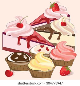 Dessert muffins and cakes composition. Vector