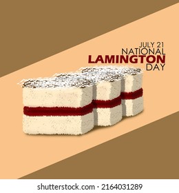 A dessert named Lamington which consists of a buttery sponge cake covered in chocolate sauce and topped with coconut shavings with bold text on a light brown background, National Lamington Day July 21