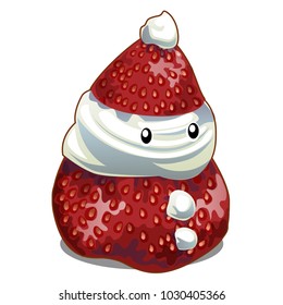 Dessert of natural fresh strawberry and whipped cream in the shape of a Christmas Santa Claus in a red hat isolated on white background. Vector cartoon close-up illustration.