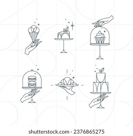 Dessert on cake stand in art deco style holding ice cream, cupcake, macarons, croissant drawing on white background