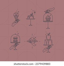 Dessert on cake stand in art deco style holding ice cream, cupcake, macarons, croissant drawing on coral background