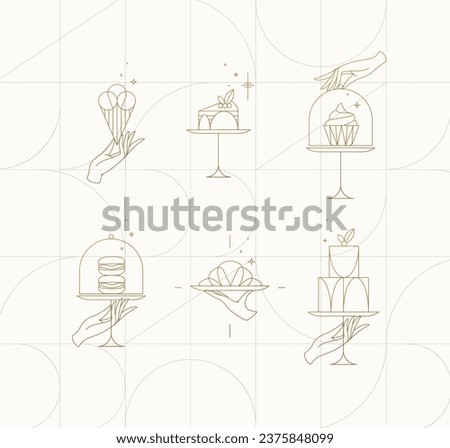 Dessert on cake stand in art deco style holding ice cream, cupcake, macarons, croissant drawing on beige background