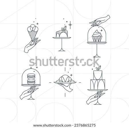 Dessert on cake stand in art deco style holding ice cream, cupcake, macarons, croissant drawing on white background
