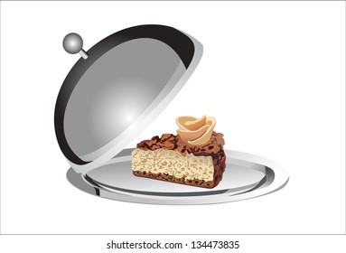 Dessert on a silver platter on a white background
