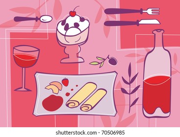 Dessert on a table. Pancakes, ice-cream and red wine.
