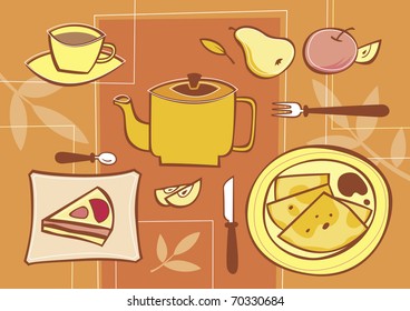 Dessert on a table. Pancakes, piece of a cake, fruits and hot drinks.