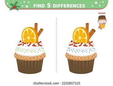 Dessert with orange. Cupcake. Find 5 differences. Game for kids. Isolated vector illustration eps 10