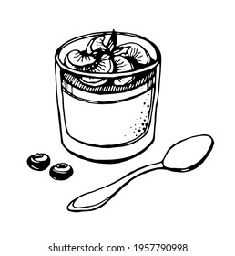 

dessert with orange slices in a glass with a spoon, black vector drawn by pen