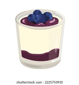 El panna cotta de postre en un vaso con arándanos y una capa de mermelada. Parfait tradicional italiano de crema y fruta, ilustración vectorial en estilo de dibujos animados. Fondo aislado.