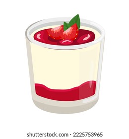Dessert panna cotta in a glass with strawberries and a layer of jam. Traditional Italian parfait of cream and fruit, vector illustration in cartoon style. Isolated background. 