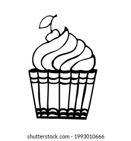 Dessert in a paper cup with a cherry on a white background.Vector whipped cream can be used in menus,textiles,and postcards.Doodle illustration.