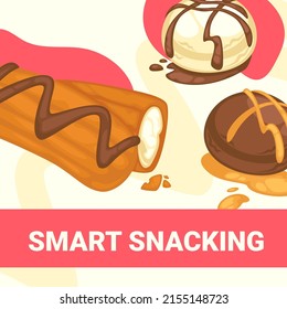 Dessert and pastry from bakery shop, store with confectionery, cookies and biscuits. Cakes and pies with chocolate topping cream. Advertisement banner, ads marketing poster. Vector in flat style
