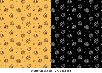 Dessert and pastry doodle illustration seamless pattern for bakery and cafes. Seamless pattern with cupcake, sweet roll, small pie in hand drawn style for pastry and restaurant