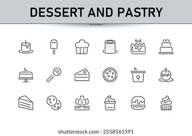 Dessert and pastry icon set. Contains such icons as croissant, cakes, pack, choco, chocolate and more. Outline symbol collection. Minimalist editable stroke. Vector illustration.