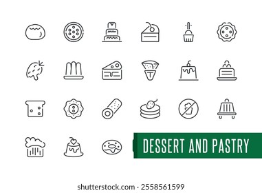 Dessert and pastry icon set. Contains such icons as croissant, cakes, pack, choco, chocolate and more. Outline symbol collection. Minimalist editable stroke. Vector illustration.