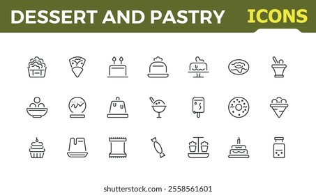 Dessert and pastry icon set. Contains such icons as croissant, cakes, pack, choco, chocolate and more. Outline symbol collection. Minimalist editable stroke. Vector illustration.