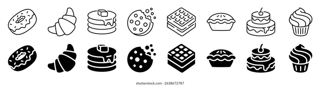 Dessert and pastry icon set. Linear and silhouette style.