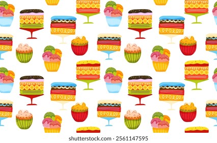 Dessert pattern featuring cakes, cupcakes, and ice cream. Perfect for party invitations, gift wrap, digital designs, or kitchenware decorations