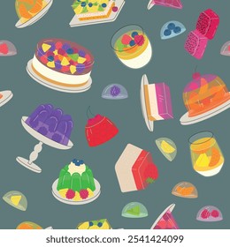 dessert pattern. jelly Delicious cakes and Candy. vector seamless background