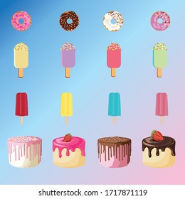 Dessertmuster-Set. Eis, Kuchen, Donut, süßer Sommer, leckeres buntes Eis für die Sommerdekoration, Süßigkeiten, Dessert, Web-Design oder Druck. Vektorillustration Illustration.