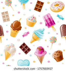 Dessert Pattern. Sweet vector cartoon seamless background. Ice cream cone, candy, cupcake, donut, chocolate wallpaper. Cute illustration. Birthday party sugar food. Trendy summer print 