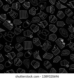 Dessert pattern. Vector illustration with delicious cakes, black and white color.