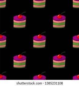Dessert pattern. Vector illustration with tasty bright cakes on a black background.