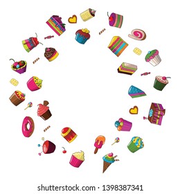 Dessert pattern. Vector illustration with tasty bright cakes.