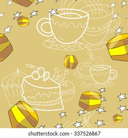 dessert pattern.Seamless illustration with cups and sweets