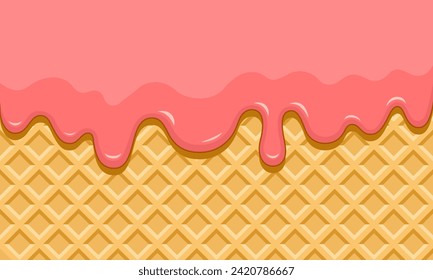 Dessert, rosafarbene Sahne, geschmolzene Erdbeeren auf Waffelhintergrund, Vektorgrafik.