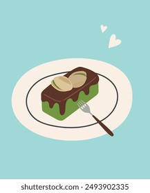 Dessert Pistachio Cake with Chocolate Cream and Fork
