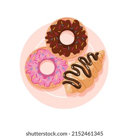 Dessert plate with croissant and donuts, top view. Sweet pastries for a coffee break or morning breakfast. Isolated on white vector illustration.