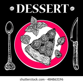Dessert plate on black background. Cake with raspberries and mint leaves. Vector hand drawn graphic illustration. Sketchy style.