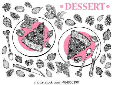 Dessert plates. Cakes with raspberries and mint leaves. Vector hand drawn graphic illustration. Sketchy style.