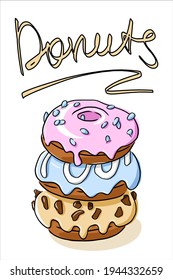 Dessert poster, donut isolated, no diet day. Donut Greeting Card.Donut illustration  . Poster with the inscription donuts. Print for fabric, packaging, label, poster. Vector. national doughnut day