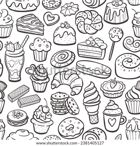Dessert products seamless pattern. Cupcakes, sweets and pastries. Hand-drawn illustration. Isolated doodle items. Repeat pattern. Vector illustration.