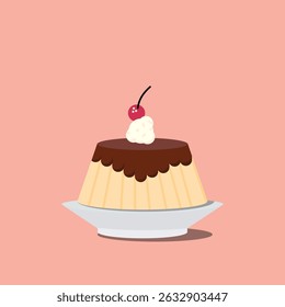 Dessert Pudding: Caramel, Cream, Cherry Vector on Pink. A delightful individual pudding with a dark topping, white cream, and a cherry, perfect for sweet treat designs.