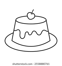 Dessert Pudding with Cherry Vector Illustration. This vector illustration shows a simple black and white line art of a dessert pudding placed on a plate.