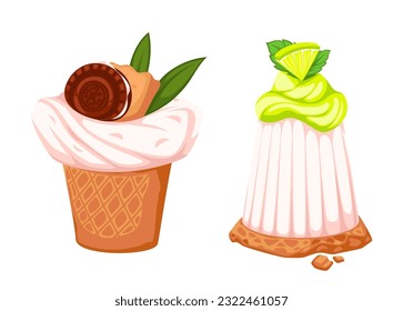 Dessert in restaurant or cafe, isolated biscuit with mousse or cream, vanilla taste and flavor. Cookies with mint and lime, cookie and leaves. Organic and natural ingredients. Vector in flat style